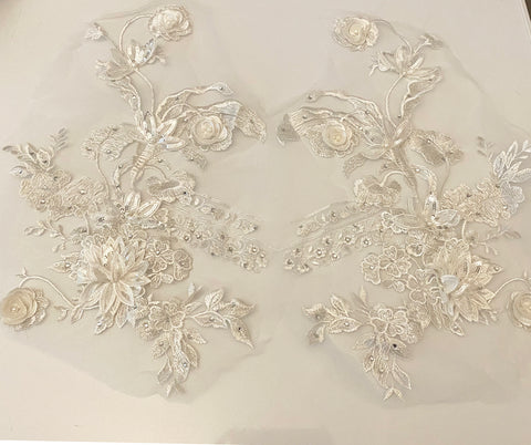 Craftuneed Mirror pair ivory luxury beads sequins lace applique embroidered floral lace motif patch for dancing costume