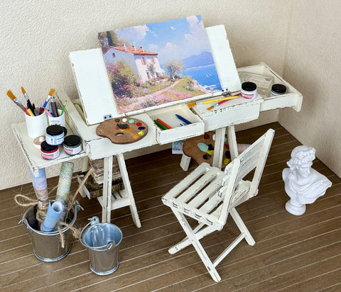1:6 Scale Dollhouse Artist Easel Desk & Chair Miniature Art Studio Furniture Props Set