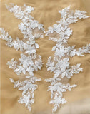 Ivory Sequin Bridal Lace Applique Pair Large Embroidered Floral Lace Motif Patch