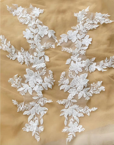 Ivory Sequin Bridal Lace Applique Pair Large Embroidered Floral Lace Motif Patch