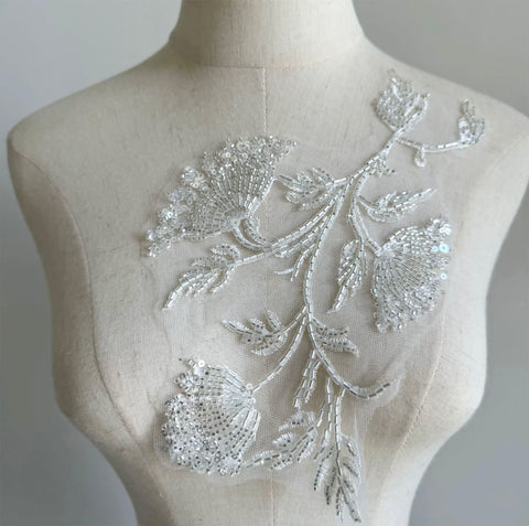 Beaded Floral Lace Applique, Sequin Embroidery Patch, Ivory Bridal Tulle Motif