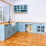 Craftuneed 1:6 Scale Miniature Dollhouse Kitchen Set L Shaped Cabinet with Sink Cupboard Organiser Doll Furniture Available in ivory or blue