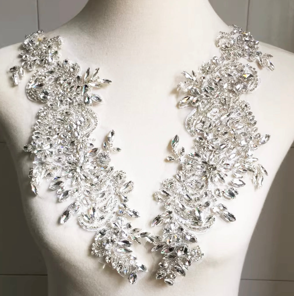 Rhinestone Lace Applique Pair, Bridal Wedding Beaded Motif Patch, Silver White or Gold