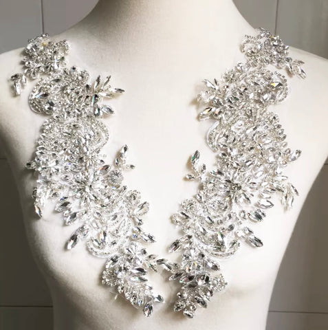 Rhinestone Lace Applique Pair, Bridal Wedding Beaded Motif Patch, Silver White or Gold