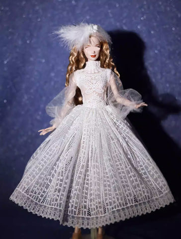 Handmade Doll Lace Dress & Fascinator Set Miniature Custom For 1/6 1/4 1/3 Scale