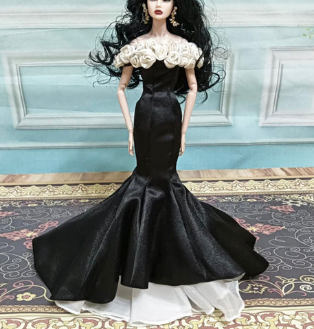Craftuneed 1:6 Scale Miniature Black Mermaid Evening Doll Gown Handmade Off-Shoulder Dress with Rose Bodice For Fashion Dolls Available in Purple