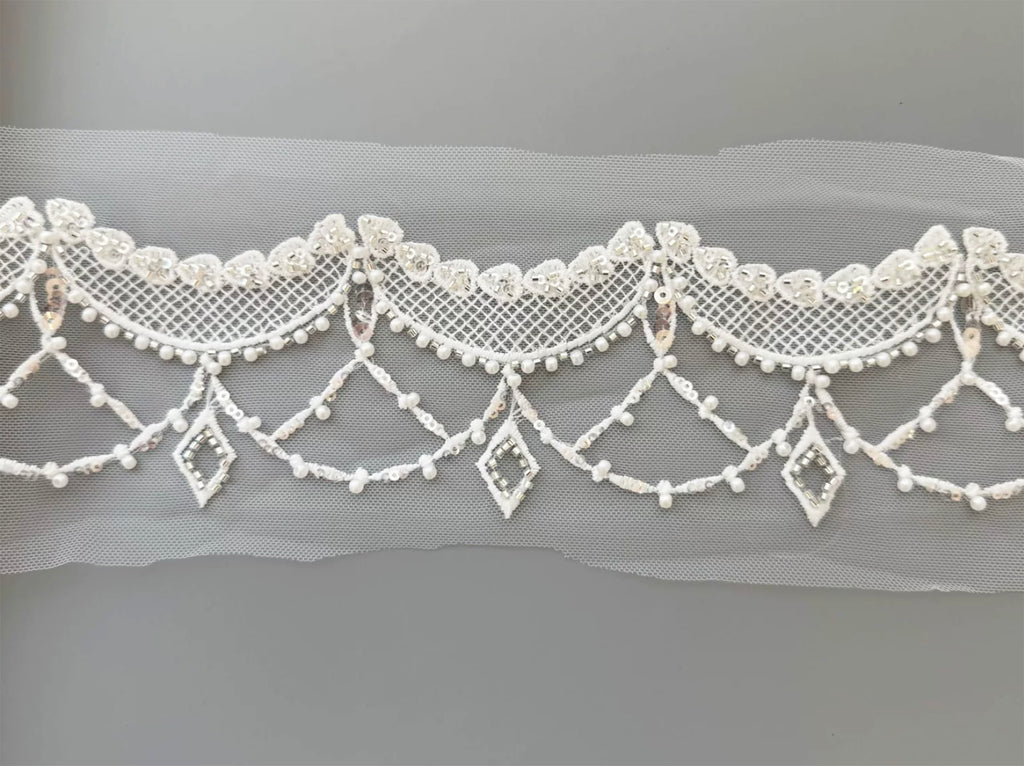 Ivory Beaded Sequin Lace Trim 3 Yards Floral Bridal Wedding Sewing Material