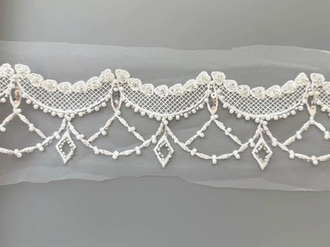 Ivory Beaded Sequin Lace Trim 3 Yards Floral Bridal Wedding Sewing Material