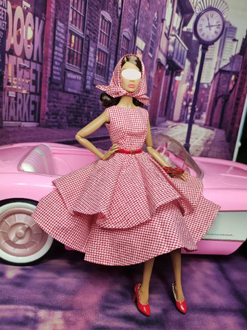 Craftuneed Handmade 1:6 Scale miniature Vintage 1950s Doll Red gingham dress Set with Matching Scarf & Belt