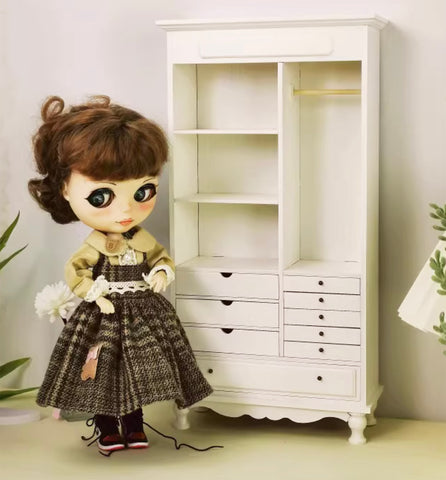 Craftuneed 1:6 scale Miniature Wooden Wardrobe Cabinet Furniture Dollhouse Display Closet Storage with Drawers & Hanging Rod for Dolls