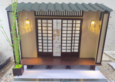 1:6 Scale Miniature Japanese Style House Front Kit with Bamboo Tree and Lantern - Flat Pack Dollhouse Scene