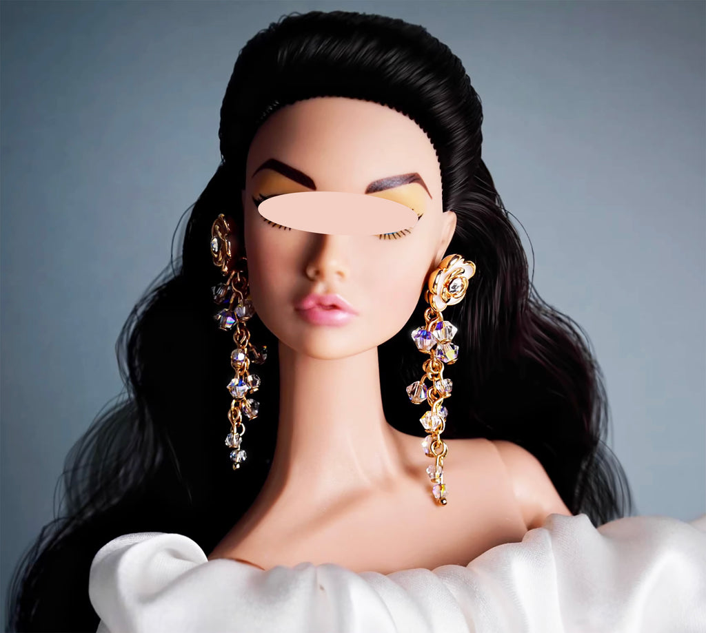 Handmade 1:6 Scale Doll Earrings Miniature Faux Crystal Tassel Earrings for Fashion Dolls