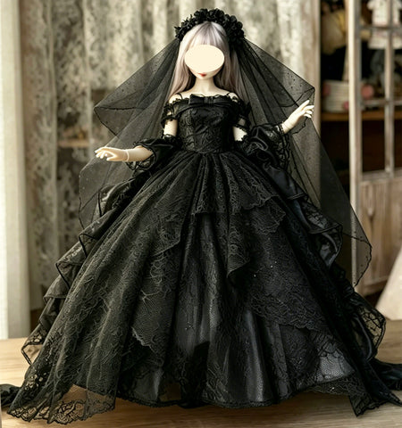 Black Gothic Doll Evening Dress Miniature Victorian Gown with Veil 1/6 1/4 1/3 Scale
