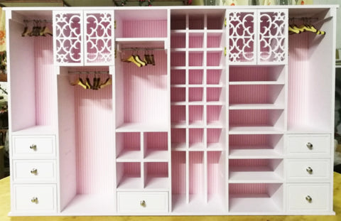 Handmade 1:6 scale Dollhouse White Wardrobe Cabinet Miniature Closet Cabinet with Shelves & Drawers