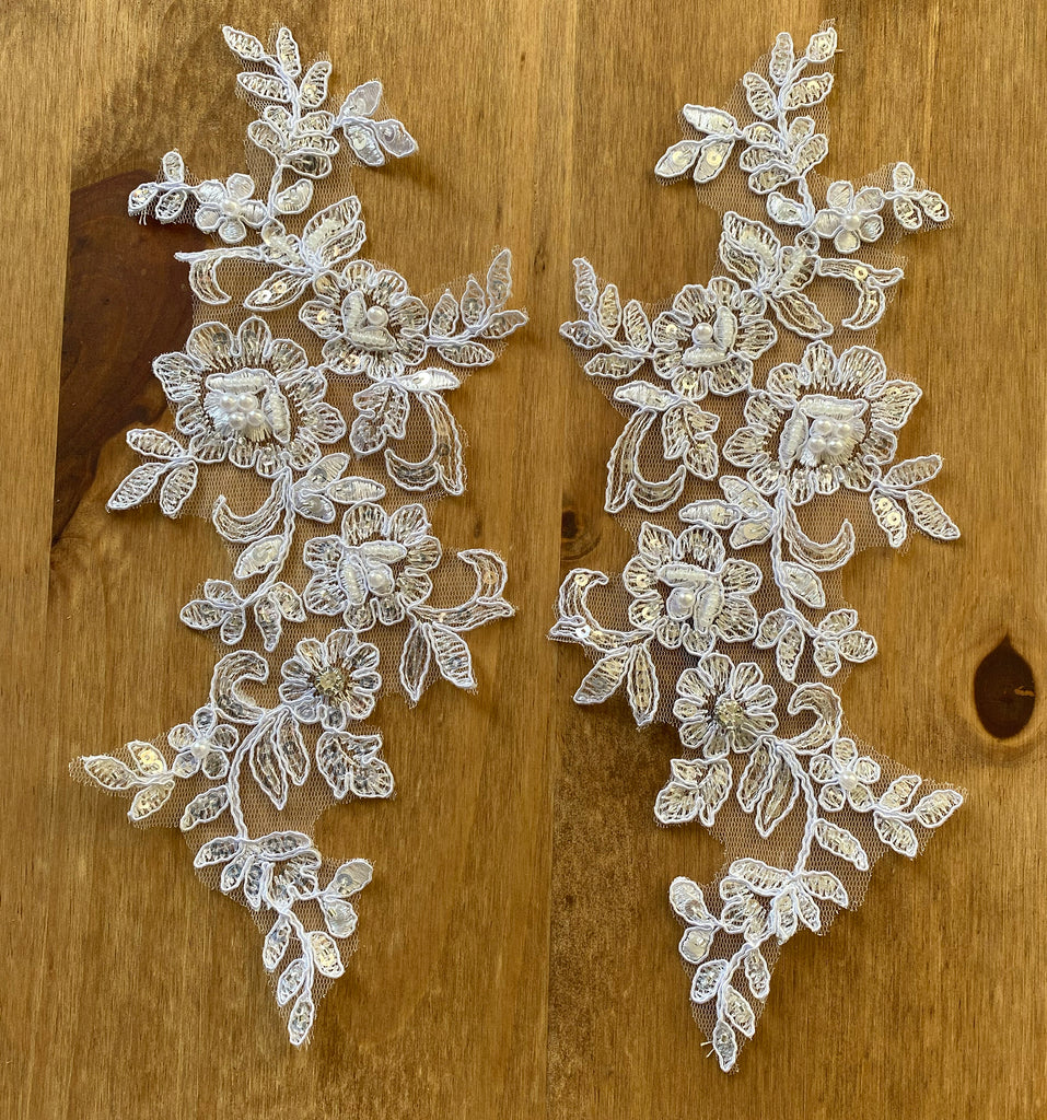 A Pair White Beaded Floral Lace Appliques Bridal Embroidered Sequin Lace Motif Patches