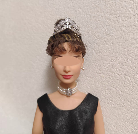 Handmade 1:6 Scale Doll Crown Necklace Earrings Set Miniature Faux Pearl Rhinestone Jewellery