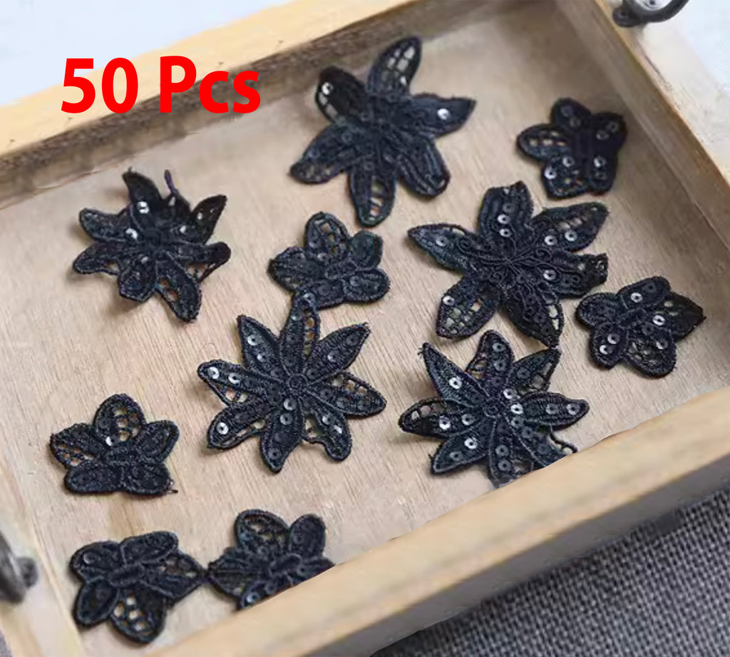 50pcs Black Floral Sequin Lace Applique Embroidered Flower Motif Patches For Sewing DIY