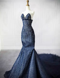 Craftuneed Handmade Beaded Navy Blue Doll Mermaid Evening Dress Starry Night Doll Gown Fit For 1/6 1/4 1/3 Fashion Dolls