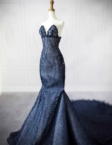 Craftuneed Handmade Beaded Navy Blue Doll Mermaid Evening Dress Starry Night Doll Gown Fit For 1/6 1/4 1/3 Fashion Dolls