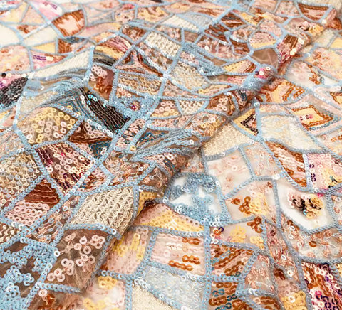 Craftuneed 3 Yards Luxury Geometric Embroidered Sequins Lace Mesh Fabric Colorful Patchwork Design for Dressmaking &amp; DIY Projects