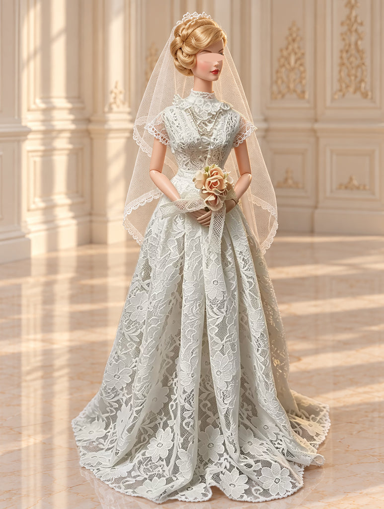 Handmade Doll Wedding Dress and Veil Vintage Lace Bridal Gown 1/6 1/4 1/3 Scale