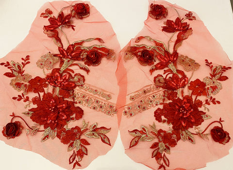 Craftuneed Mirror pair Red Gold luxury beads sequins lace applique embroidered floral lace motif patch for dancing costume