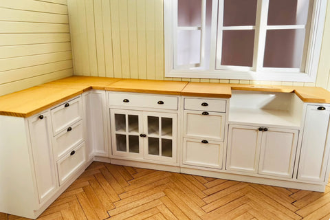 Craftuneed 1:6 Scale Handmade Dollhouse Wooden Kitchen Furniture Miniature Cabinets Storage Shelves &amp; Drawers Island Unit and Cupboard