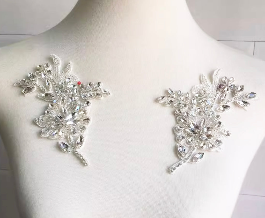White Beaded Rhinestone Lace Applique Pair, Bridal Wedding Faux Crystal Motif Patch