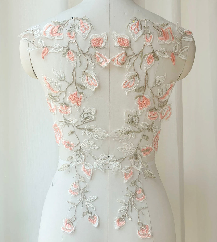 Floral Embroidered Lace Applique Pair Bridal Wedding Dress Bodice Motif Patch
