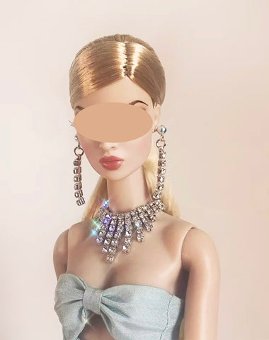 Handmade 1:6 Scale Doll Rhinestone Necklace and Earrings Set Miniature Fashion Doll Jewelry