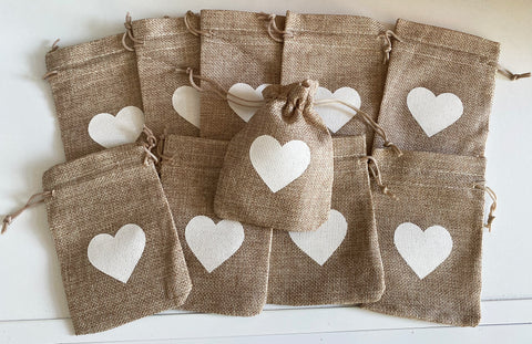 Craftuneed Bundle 10pcs Brown White Heart Print Drawstring Gift Bag Natural Linen Pouch Bag