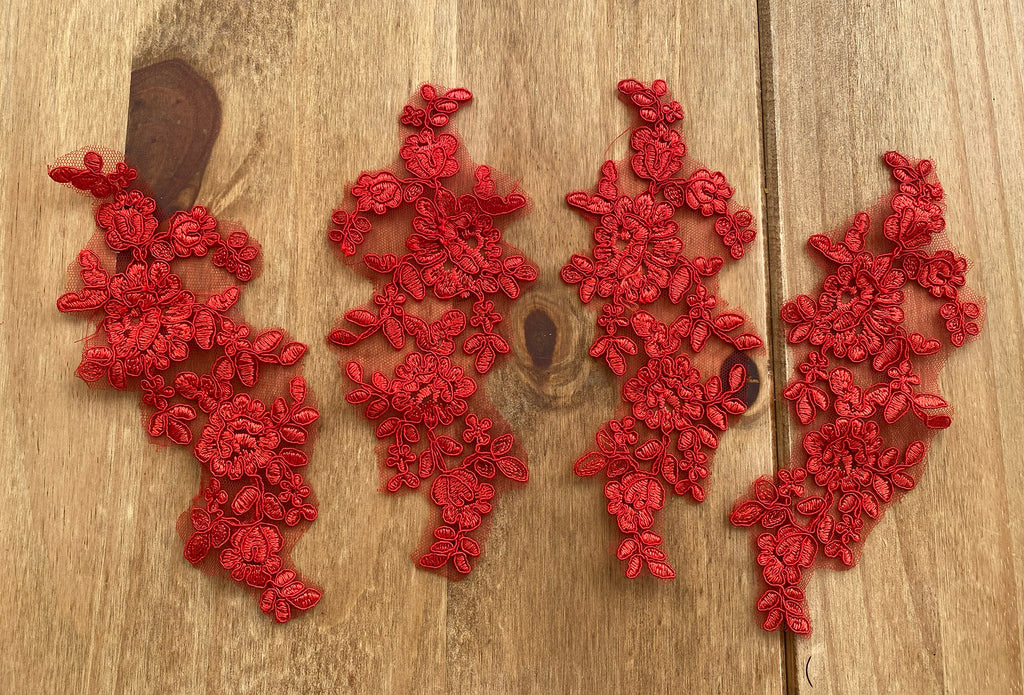 4pcs Red Floral Lace Appliques Embroidered Flower Lace Motif Patch on Tulle