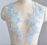 WLight Blue Lace Applique 3 Pairs, Wedding Dress Embroidered Floral Bridal Motif Patch