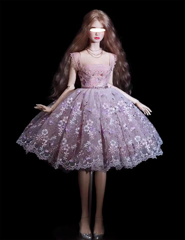 Craftuneed 1:6 Scale Luxury Doll Embroidered Floral Lace Puff Dress with Matching Necklace &amp; Petticoat for fashion Dolls Handmade