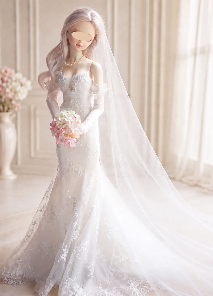 1:3 Scale Doll Wedding Dress Handmade Miniature Mermaid Bridal Lace Gown Veil Outfit