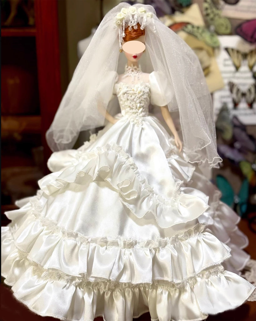 Handmade 1:6 Scale Doll Wedding Gown & Veil Set Miniature Couture Dress
