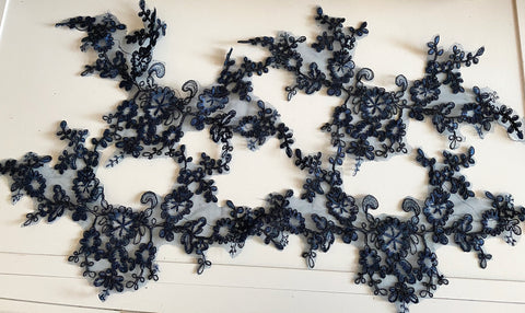 Craftuneed Bundle 4pcs navy tulle lace applique sew on embroidered floral lace motif patch