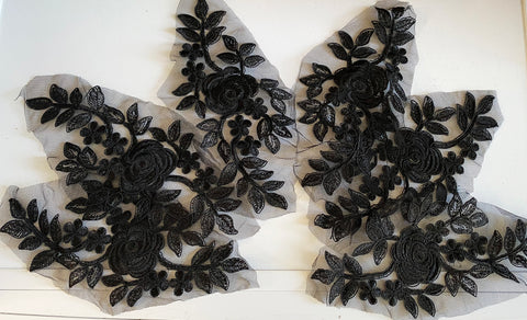 Craftuneed Bundle 6pcs black floral lace applique sew on embroidered flower tulle lace motif patch