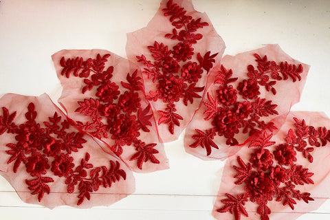 Craftuneed bundle 5pcs Red 3D lace applique sew on double layer floral lace motif patch
