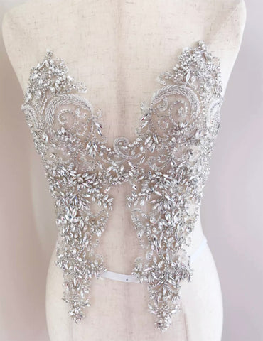 A Pair of Luxury Silver Rhinestone Appliques Ivory Faux Crystal Lace Embellishments Motif Patch for Bridal Gown & Evening Dress Sewing
