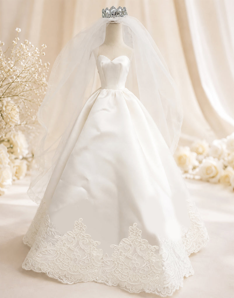 Handmade Doll Wedding Dress with Veil and Crown Miniature 1:6 Scale Bridal Gown