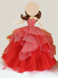 Handmade 1:6 Scale Doll Ball Gown Miniature Red Glitter Doll Dress with Petticoat