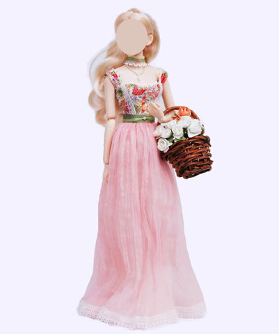 Handmade 1:6 Scale Doll Dress with Necklace Miniature Pink Lace Tulle Gown Custom Outfit