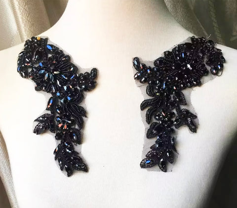 Black Beaded Lace Applique Pair, Rhinestones Costume Dress Bodice Motif Patch