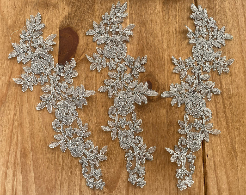 3pcs Light Grey Floral Lace Appliques Embroidered Rose Lace Motif Patch