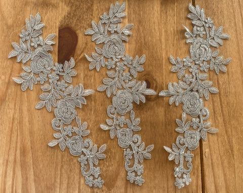3pcs Light Grey Floral Lace Appliques Embroidered Rose Lace Motif Patch