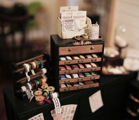 Craftuneed 1:6 Miniature Wooden Spool Storage Cabinet Removable Drawers Dollhouse Vintage Sewing Organizer Furniture For Dolls