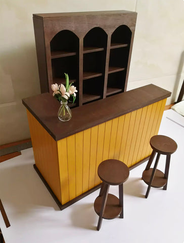 Handmade 1:6 Scale Dollhouse Bar Counter, Stools & Cabinet Miniature Wooden Furniture