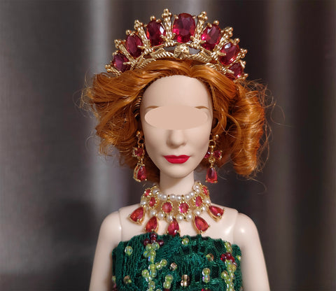 Handmade 1:6 Scale Royal Style Doll Jewelry Set – Miniature Pearl Gemstone Style Crown, Necklace & Earrings