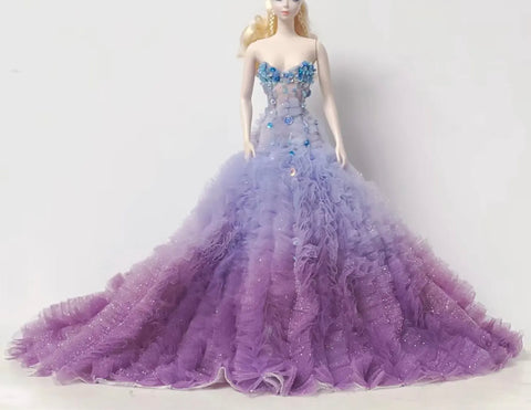 Craftuneed 1:6 Scale Doll Purple Gradient Ruffle Princess Gown Dress Handmade Miniature Sequin Evening Dress for Fashion Dolls